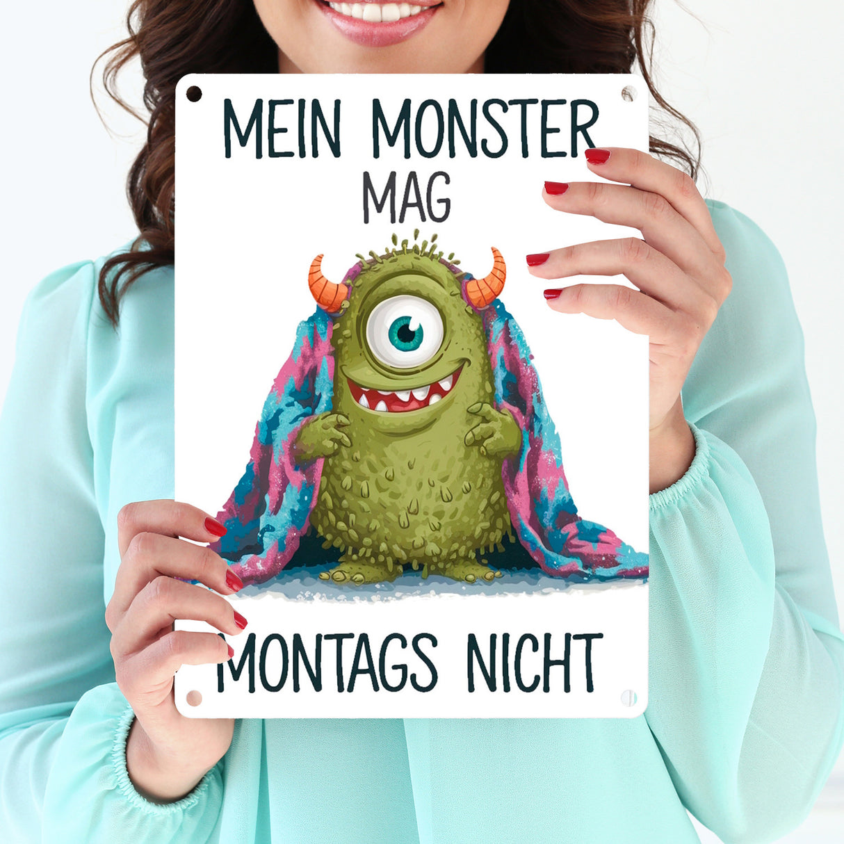Grünes Monster mit Decke Montagsmuffel Metallschild in 15x20 cm