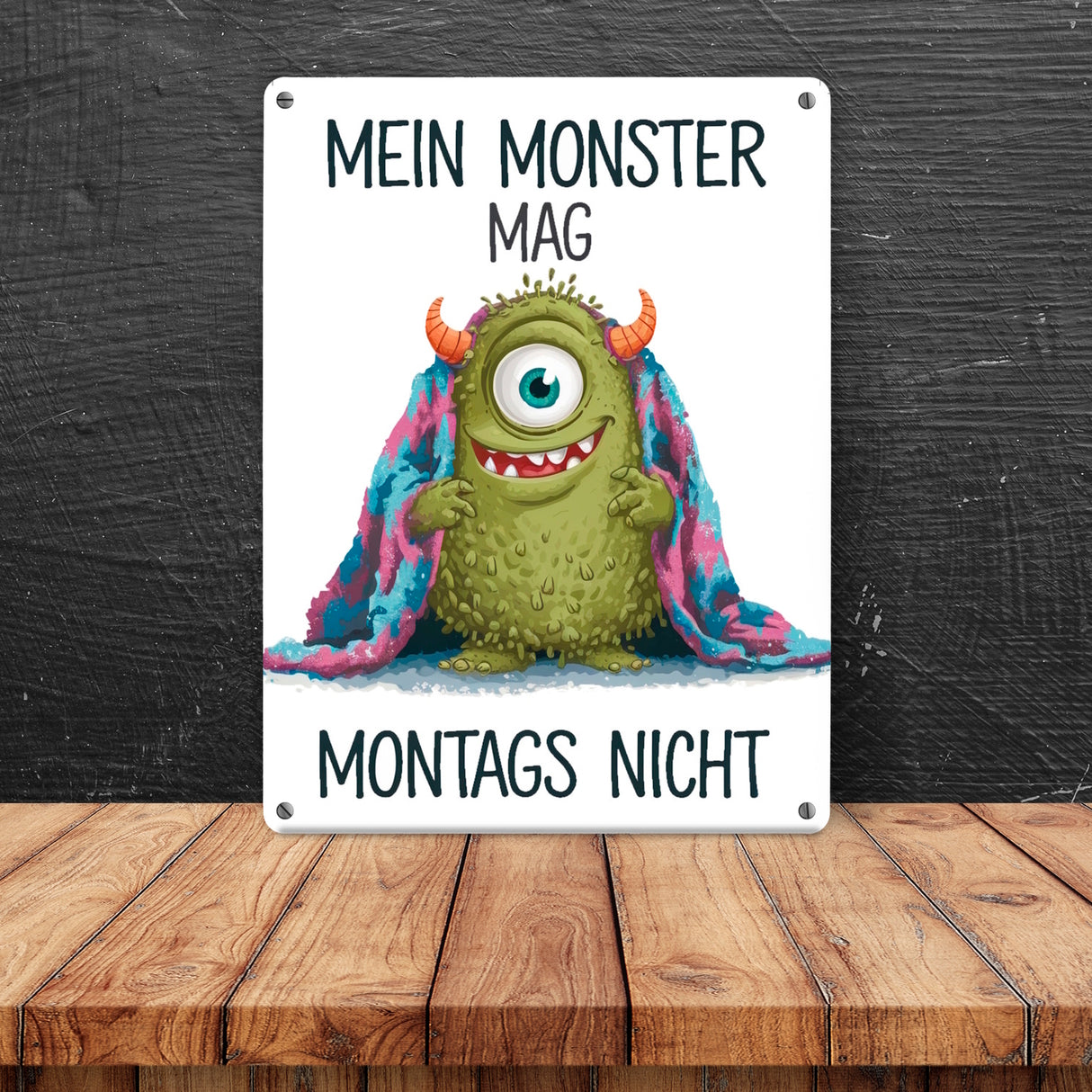 Grünes Monster mit Decke Montagsmuffel Metallschild in 15x20 cm