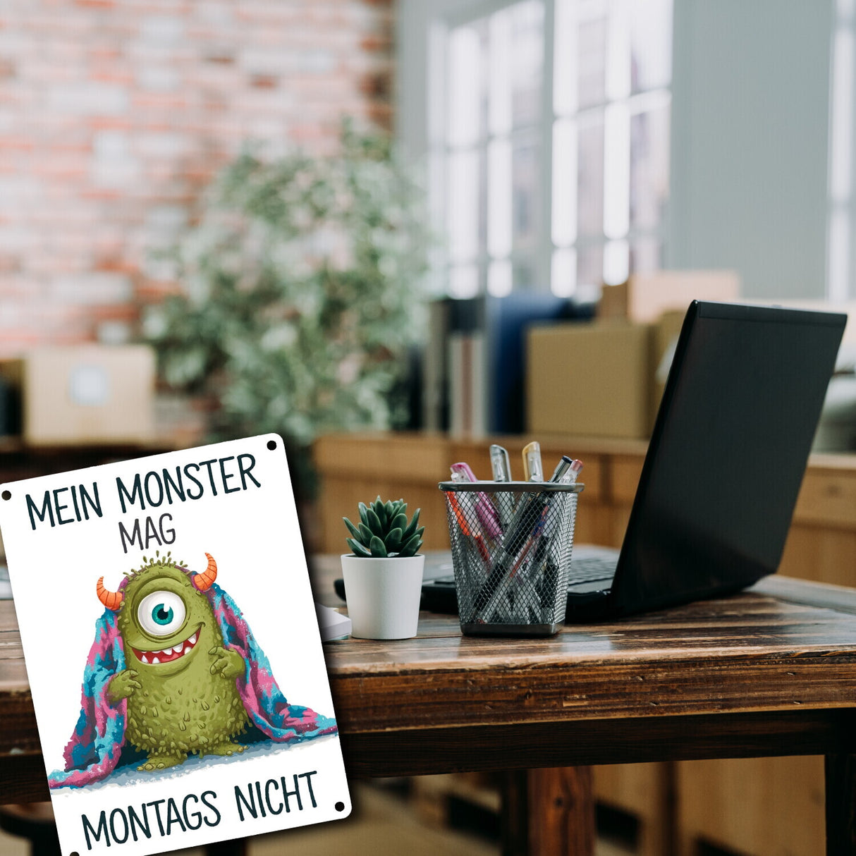 Grünes Monster mit Decke Montagsmuffel Metallschild in 15x20 cm