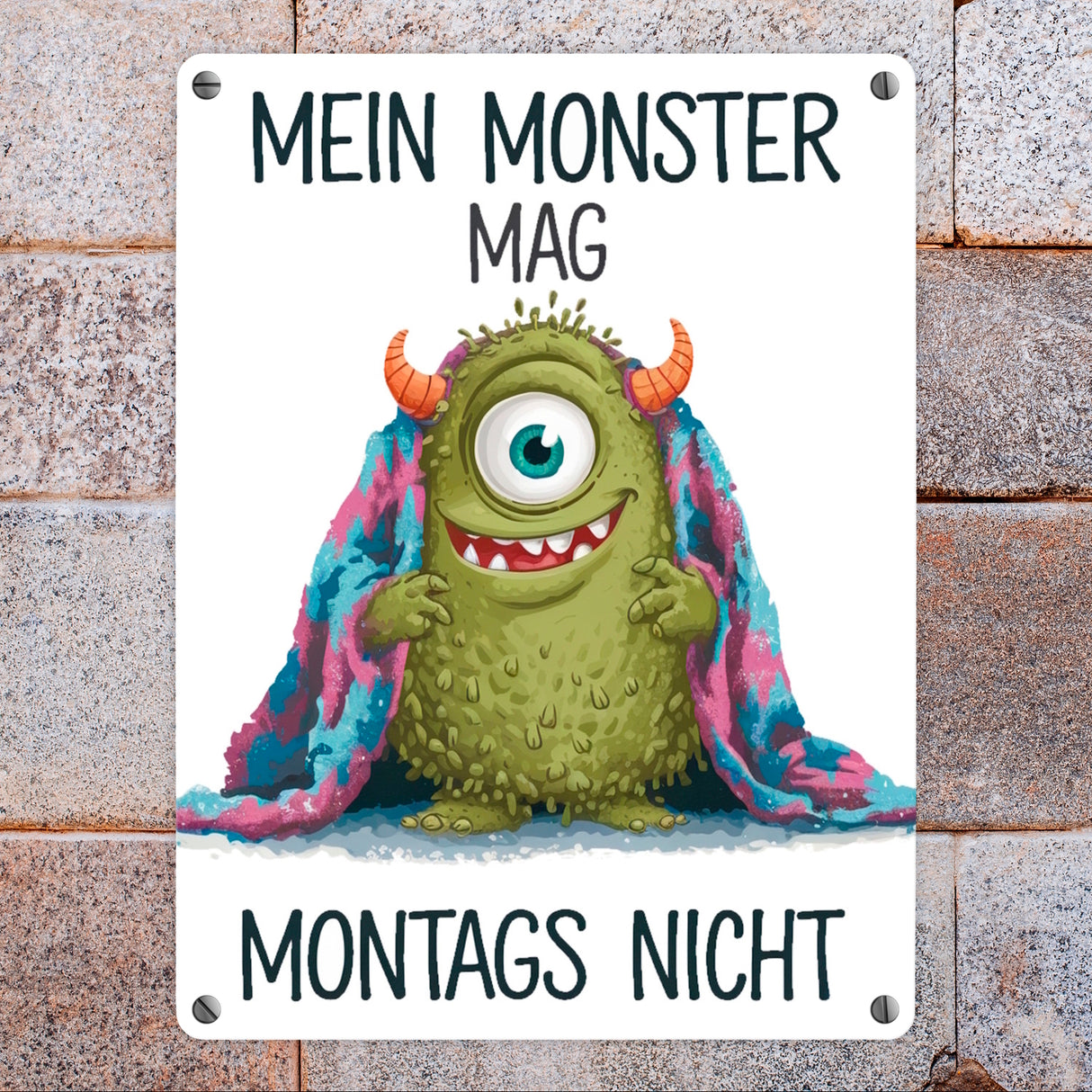 Grünes Monster mit Decke Montagsmuffel Metallschild in 15x20 cm