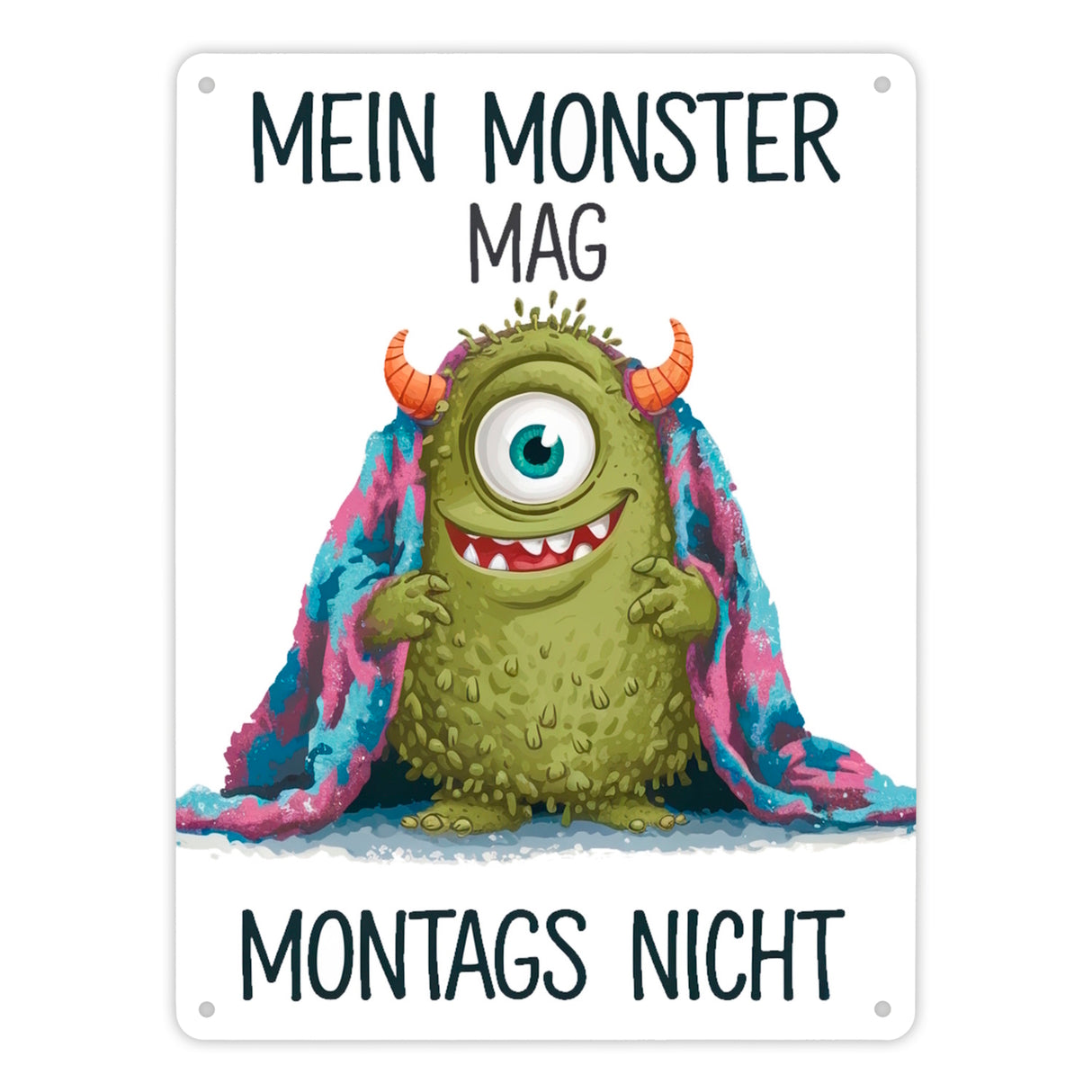 Grünes Monster mit Decke Montagsmuffel Metallschild in 15x20 cm