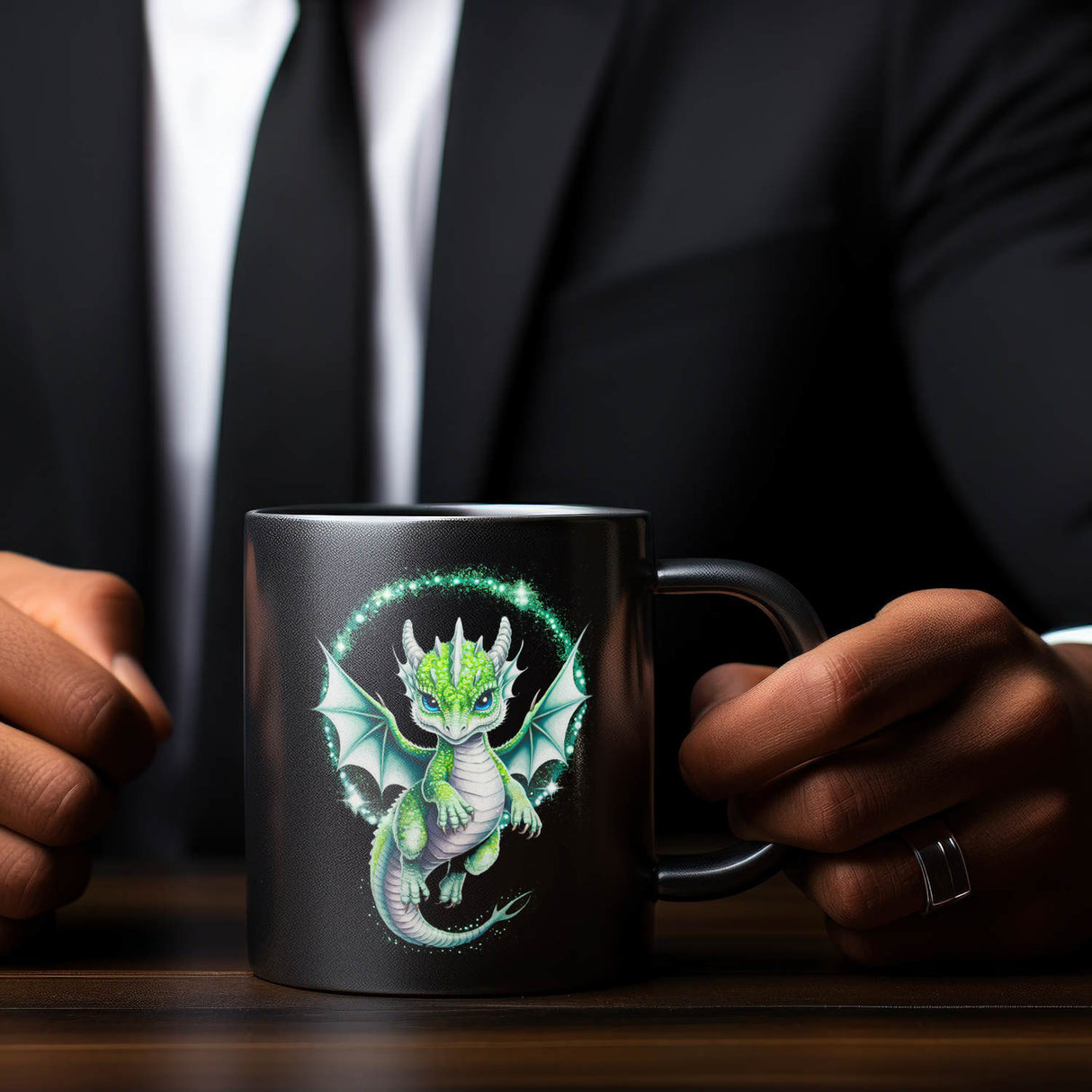 Grüner Babydrache Glitzerkunst Tasse für Drachenfans