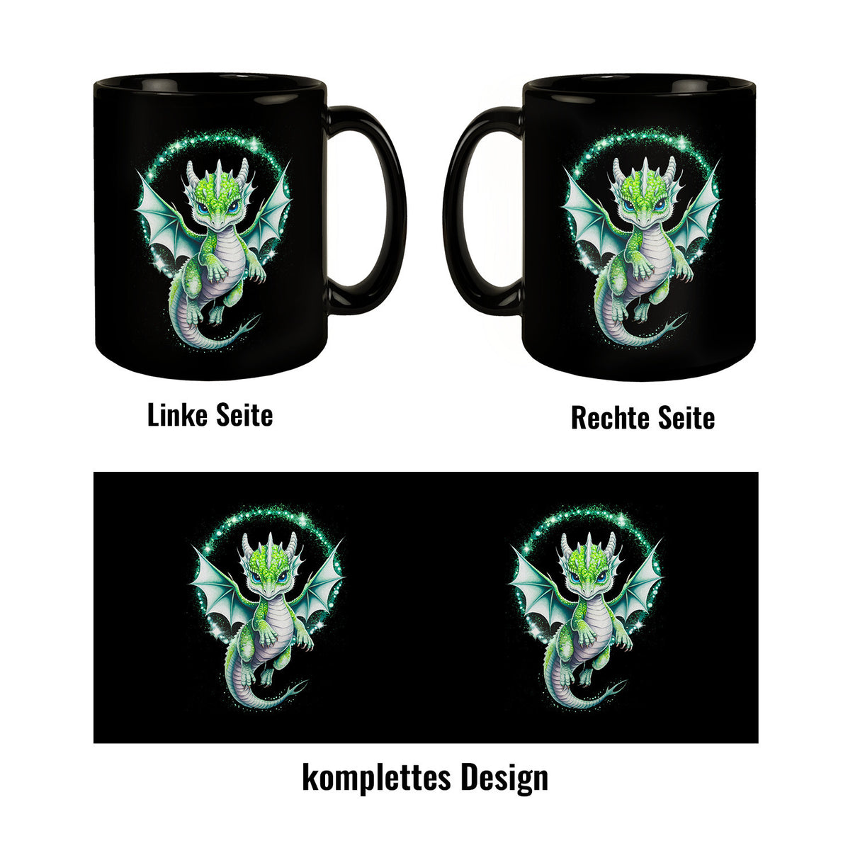Grüner Babydrache Glitzerkunst Tasse für Drachenfans