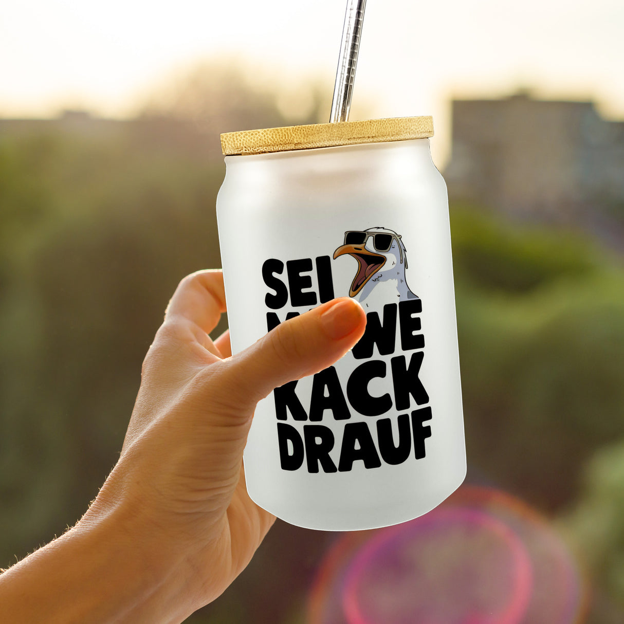 Möwe Sonnenbrille kack drauf Trinkglas mit Bambusdeckel für Möwenfans