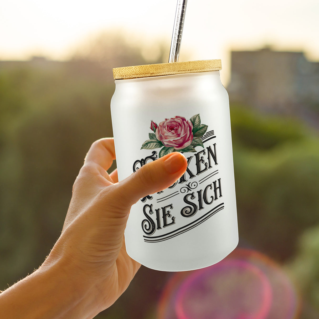 Ficken Sie Sich Trinkglas mit Bambusdeckel Rose Vintage