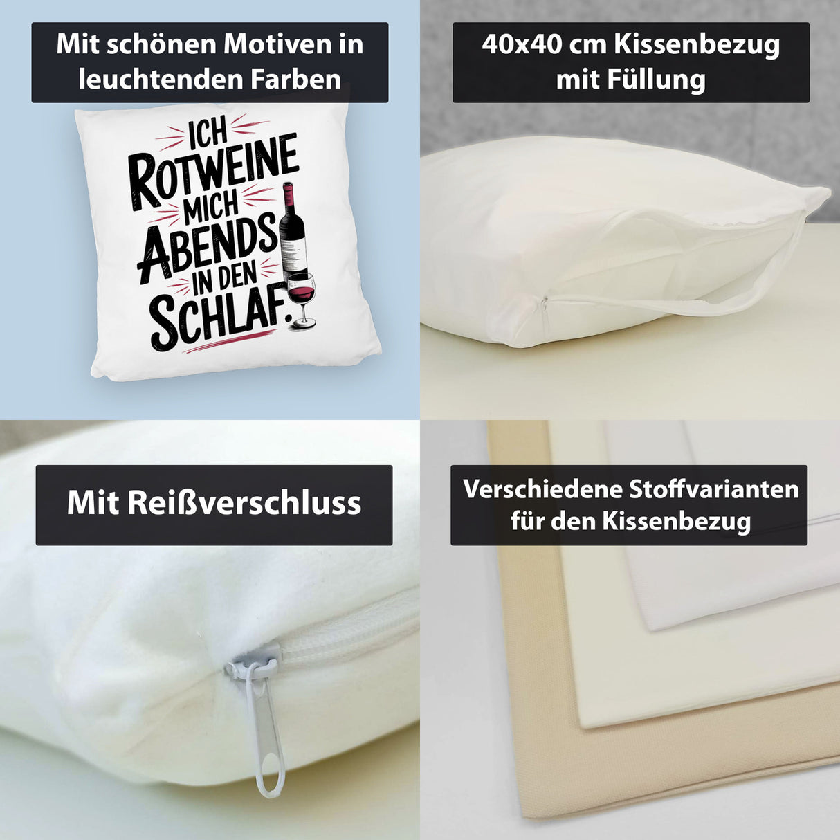 Ich rotweine mich abends in den Schlaf Kissen
