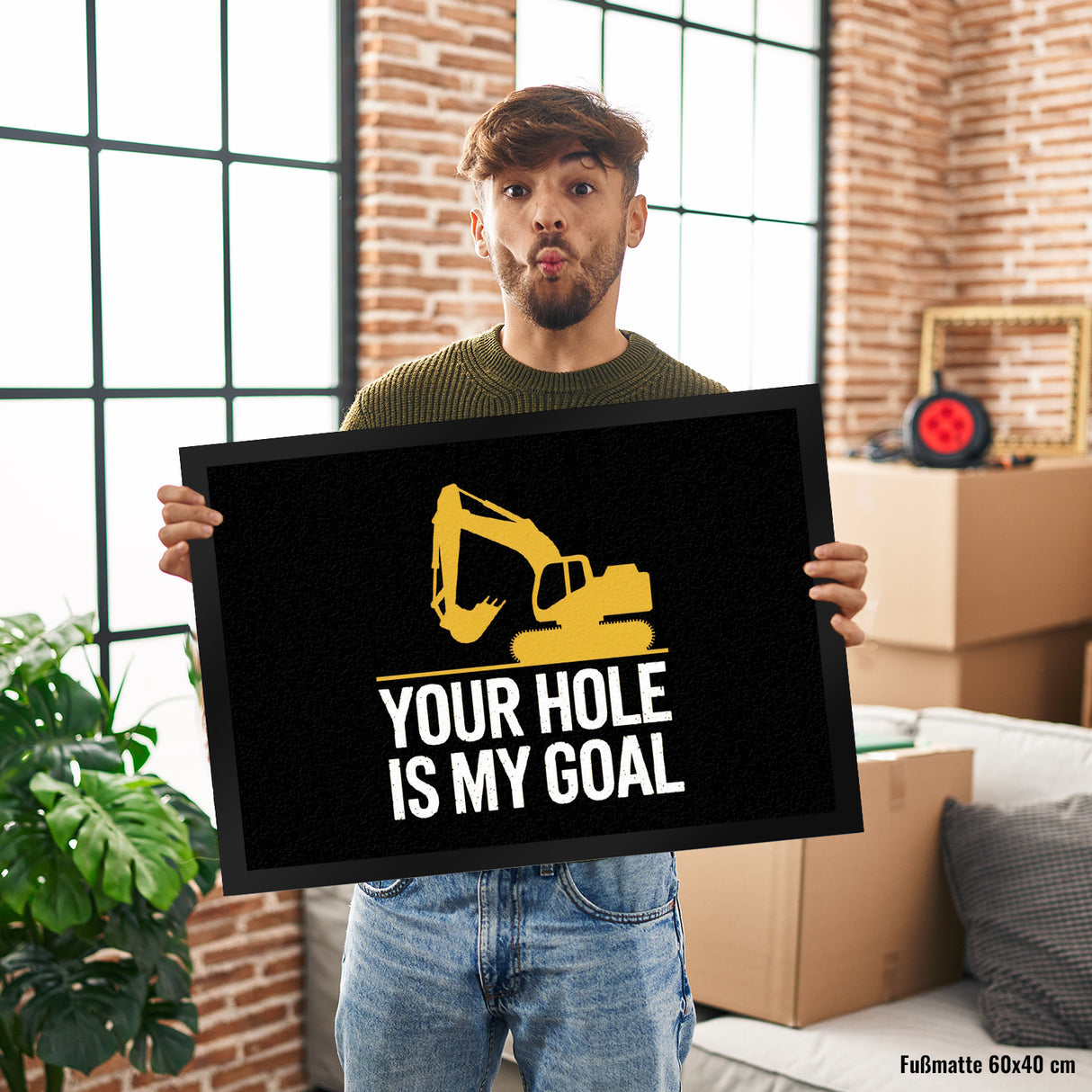 YOUR HOLE IS MY GOAL Fußmatte in 35x50 cm mit gelbem Bagger