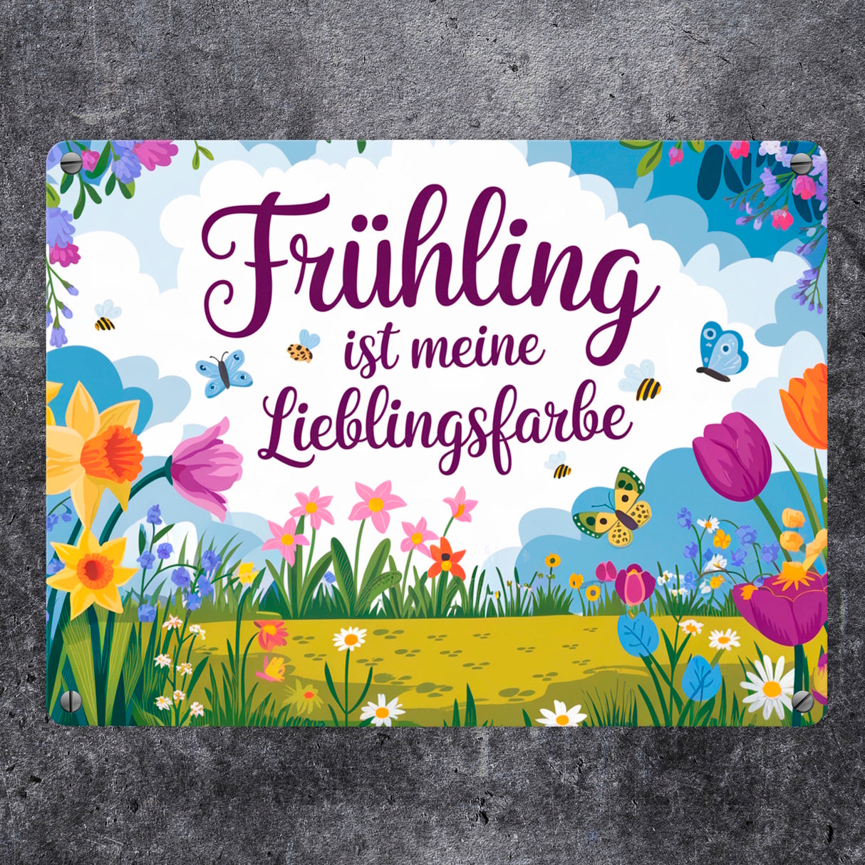 Frühlingswiese Metallschild in 15x20 cm - Frühling ist meine Lieblingsfarbe