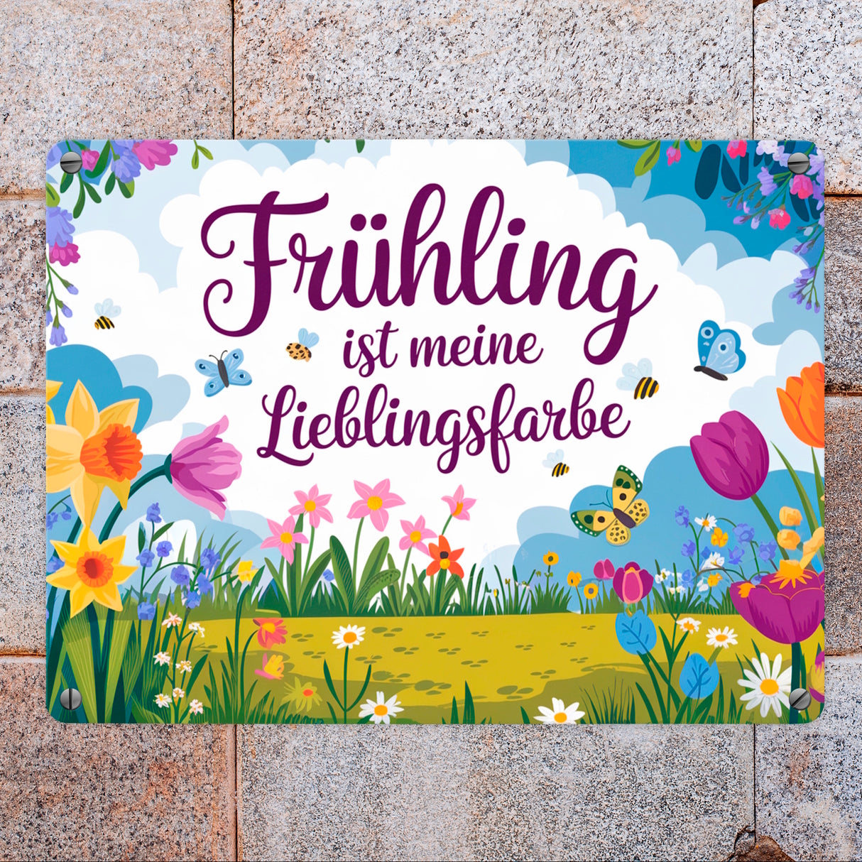 Frühlingswiese Metallschild in 15x20 cm - Frühling ist meine Lieblingsfarbe