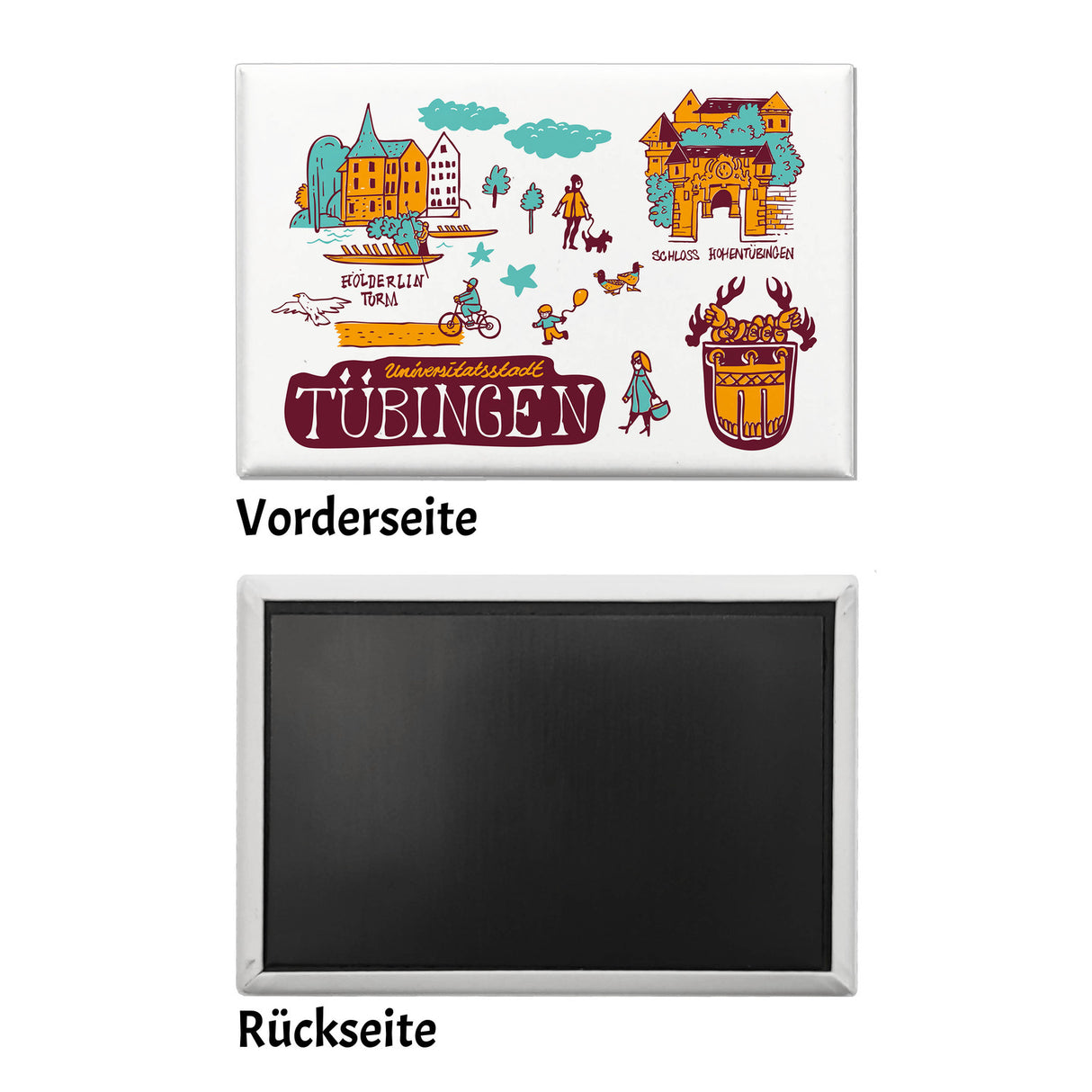 Tübingen Wimmelgrafik Souvenier Souvenir Magnet Hohentübingen und Hölderlin Turm