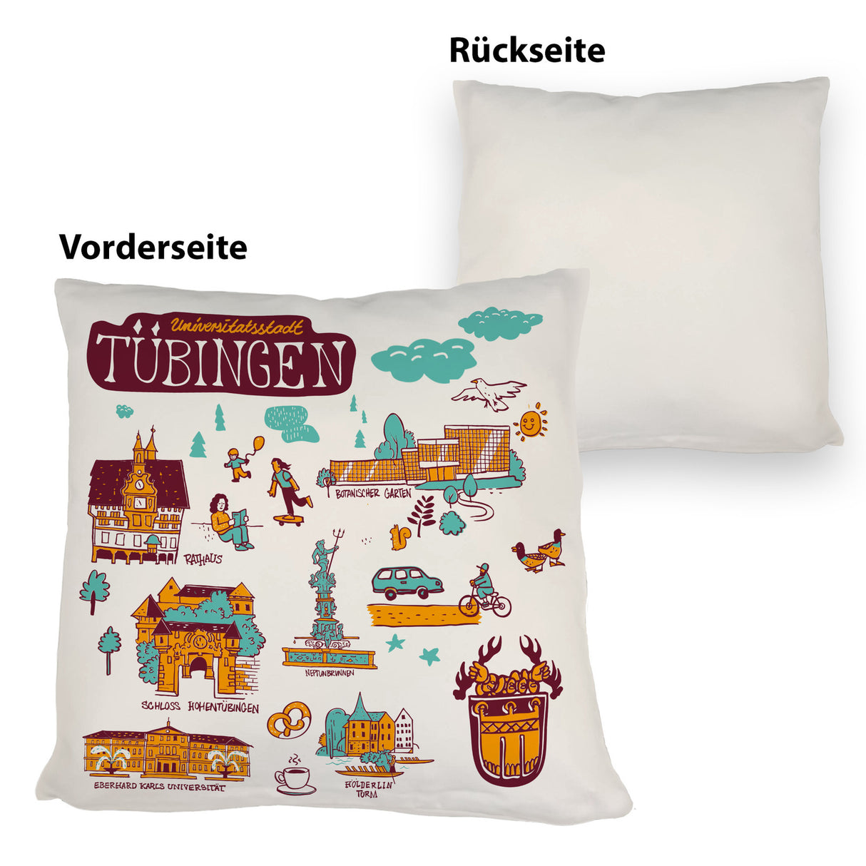 Tübingen Wimmelgrafik Kissen mit Sehenswürdigkeiten