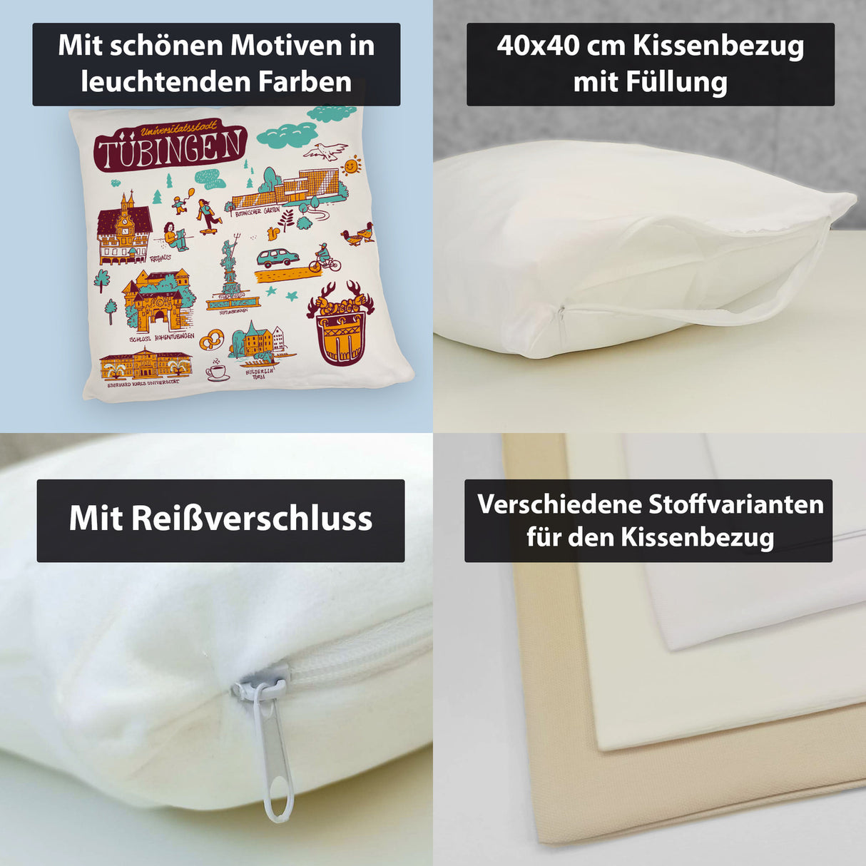 Tübingen Wimmelgrafik Kissen mit Sehenswürdigkeiten