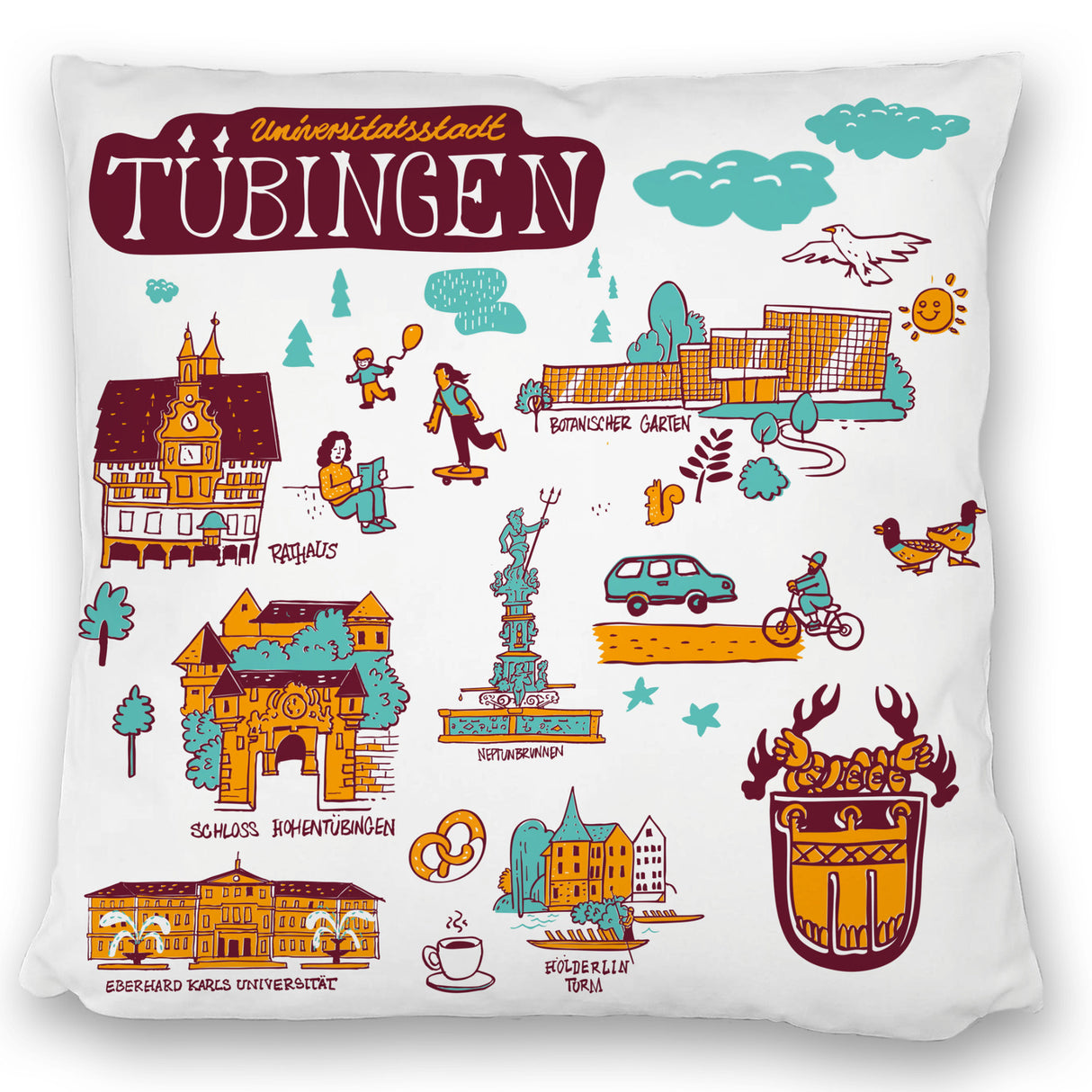 Tübingen Wimmelgrafik Kissen mit Sehenswürdigkeiten