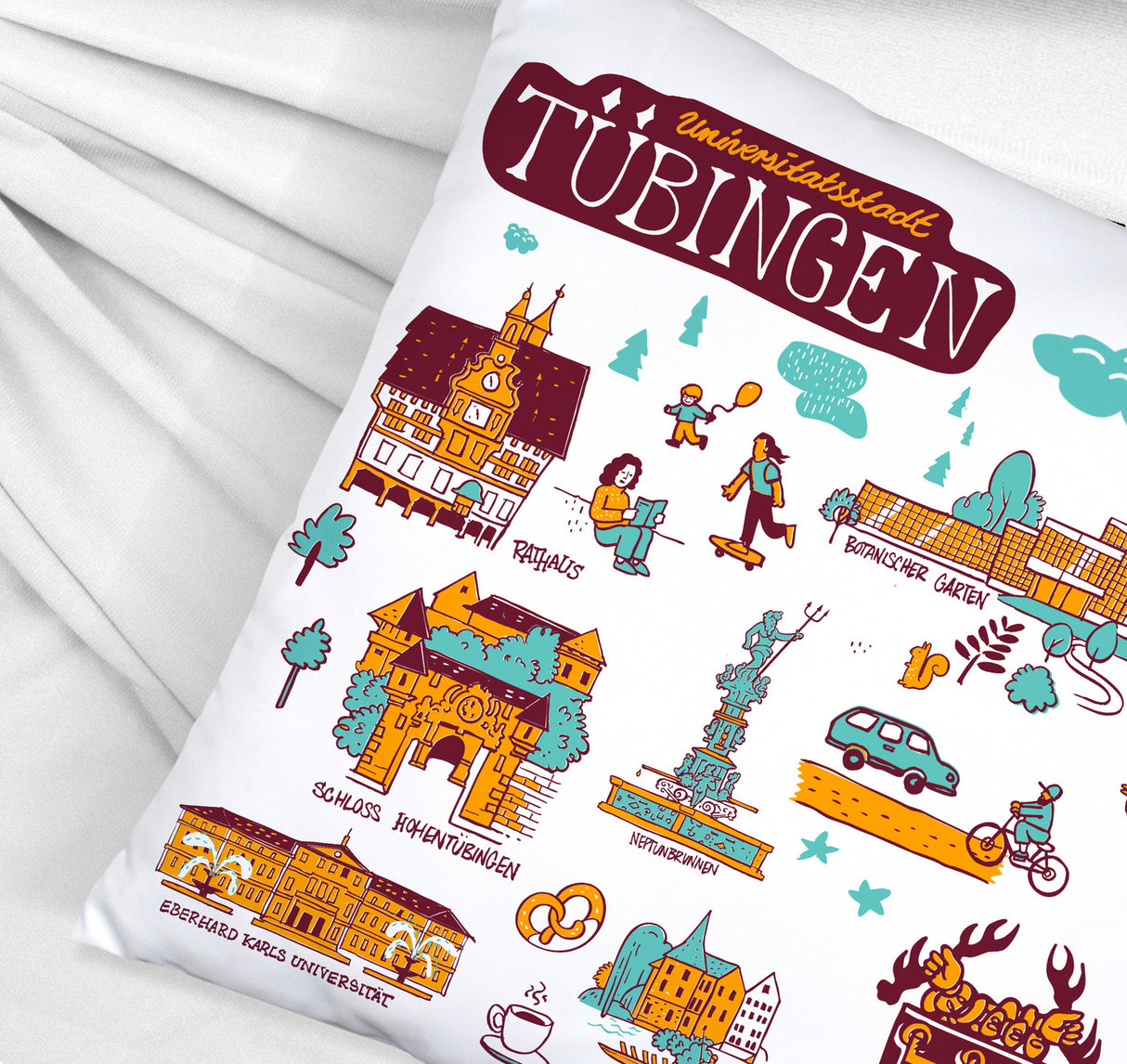 Tübingen Wimmelgrafik Kissen mit Sehenswürdigkeiten