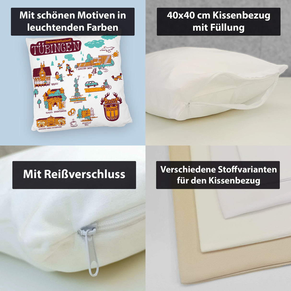 Tübingen Wimmelgrafik Kissen mit Sehenswürdigkeiten