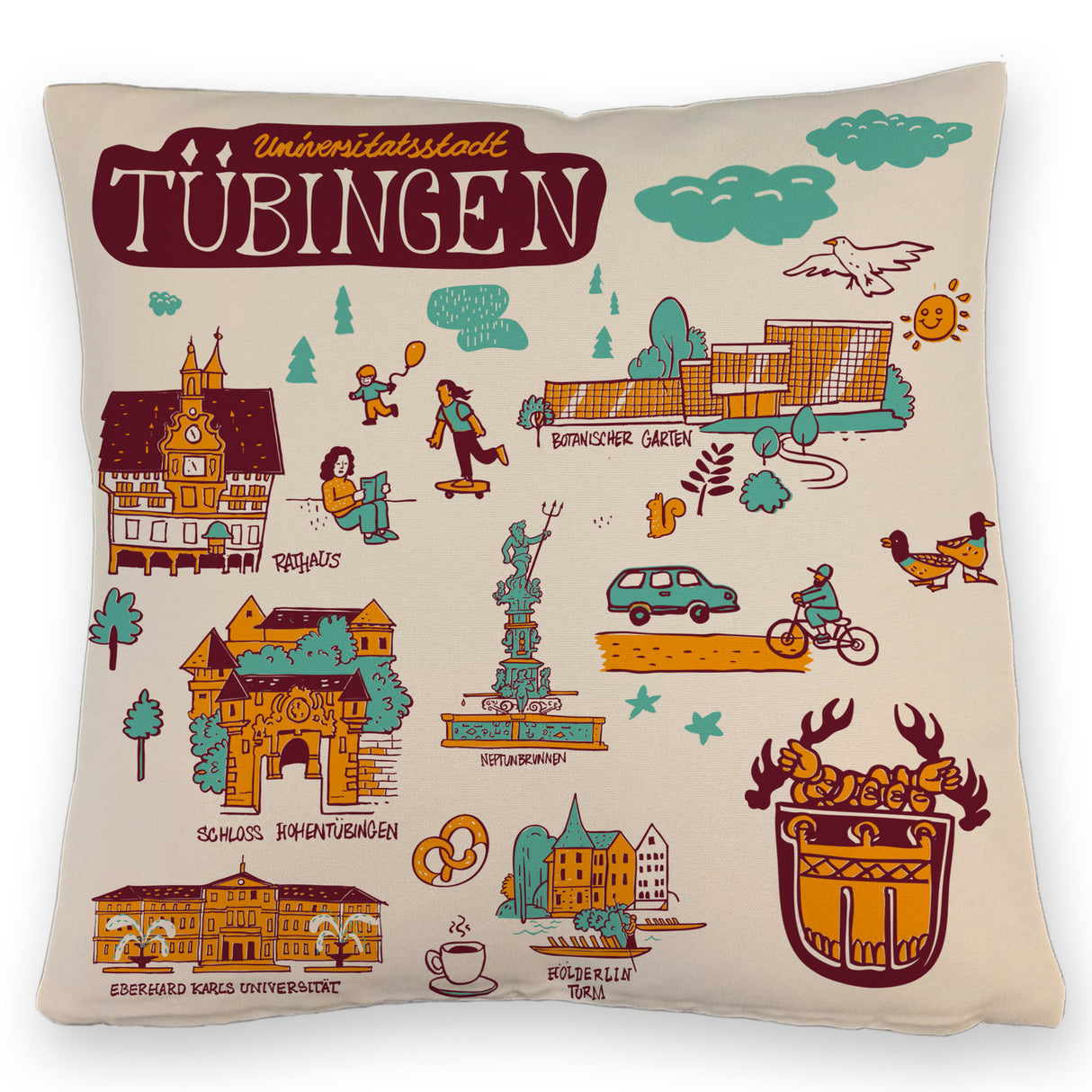 Tübingen Wimmelgrafik Kissen mit Sehenswürdigkeiten