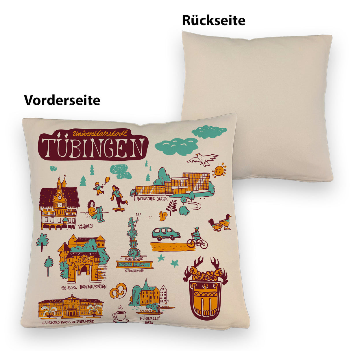Tübingen Wimmelgrafik Kissen mit Sehenswürdigkeiten