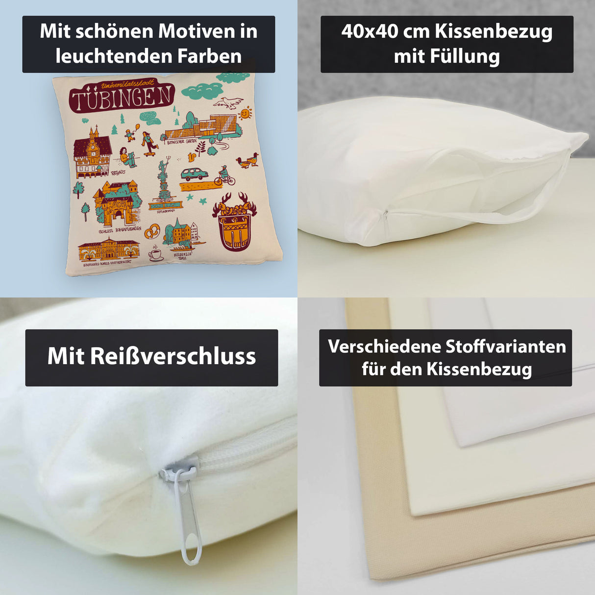 Tübingen Wimmelgrafik Kissen mit Sehenswürdigkeiten