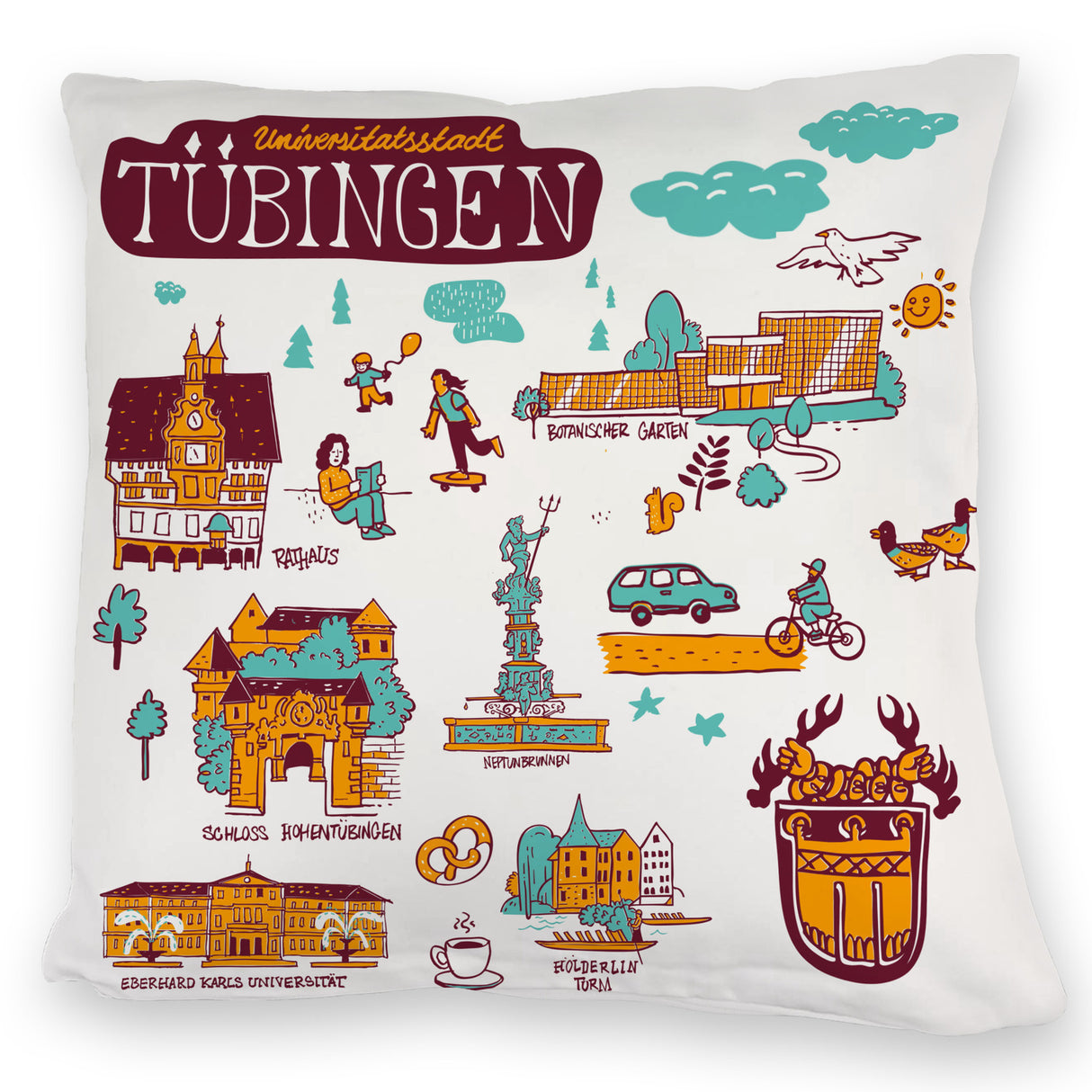 Tübingen Wimmelgrafik Kissen mit Sehenswürdigkeiten