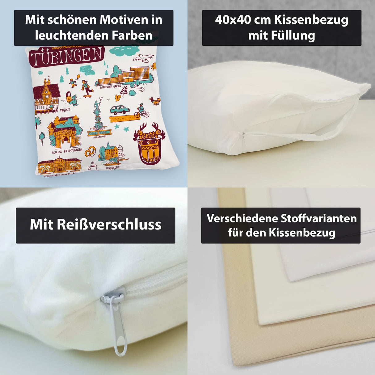 Tübingen Wimmelgrafik Kissen mit Sehenswürdigkeiten