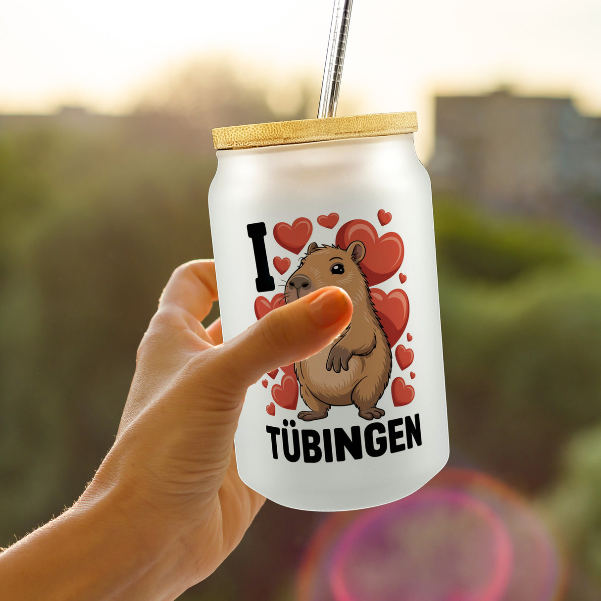 I love Tübingen Capybara Trinkglas mit Bambusdeckel