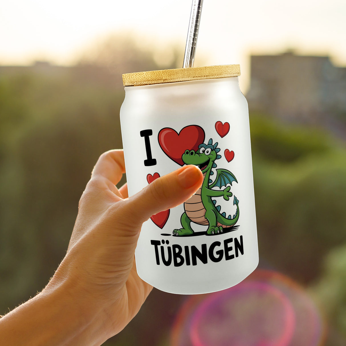 I Love Tübingen grüner Drache Trinkglas mit Bambusdeckel