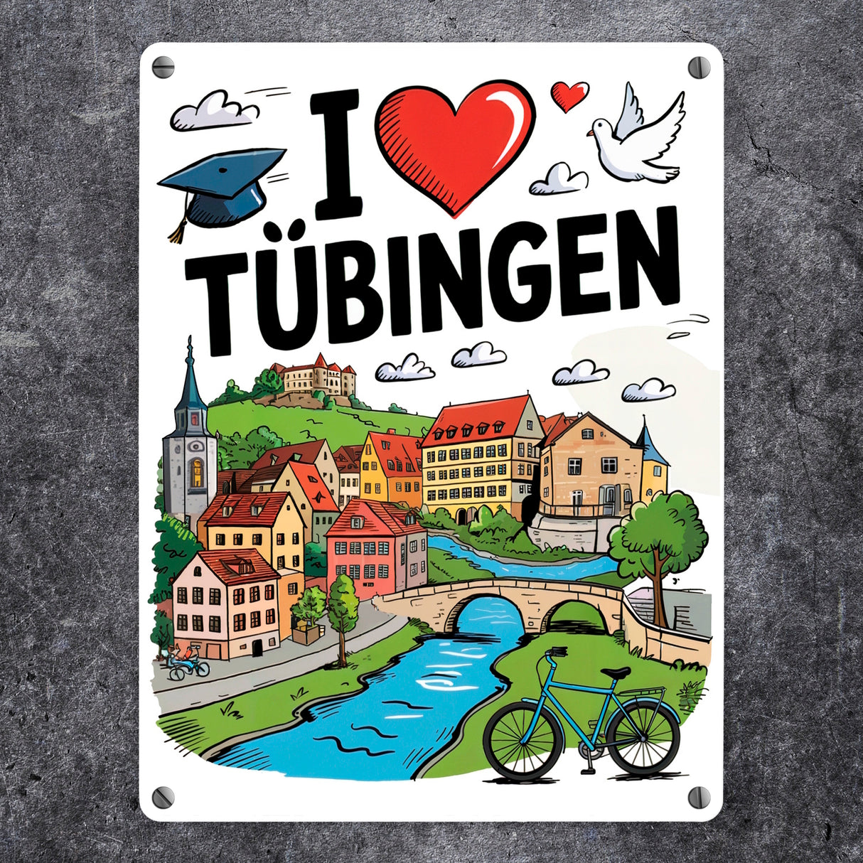 I love Tübingen Metallschild in 15x20 cm mit Sehenswürdigkeiten