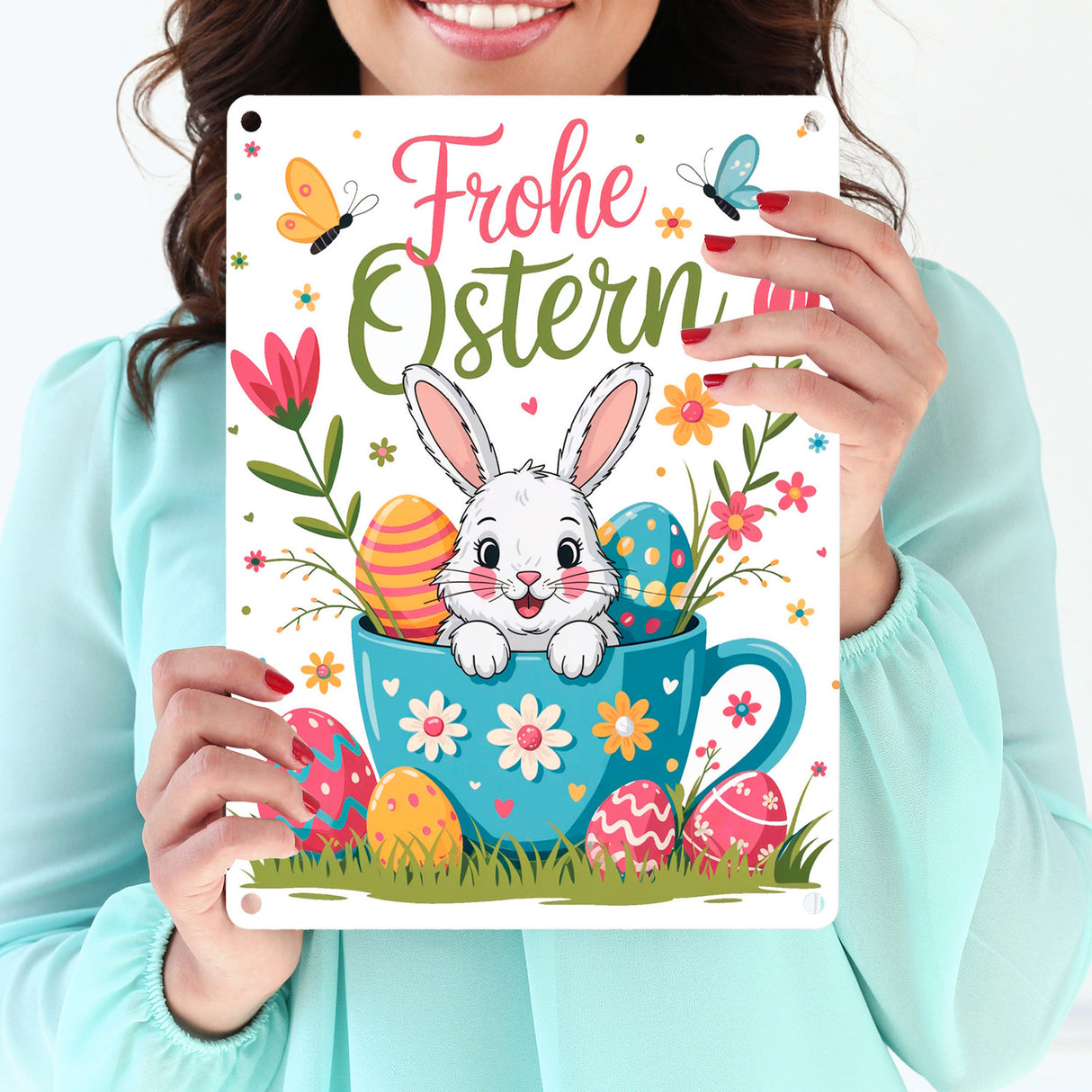 Frohe Ostern Metallschild in 15x20 cm mit Hase