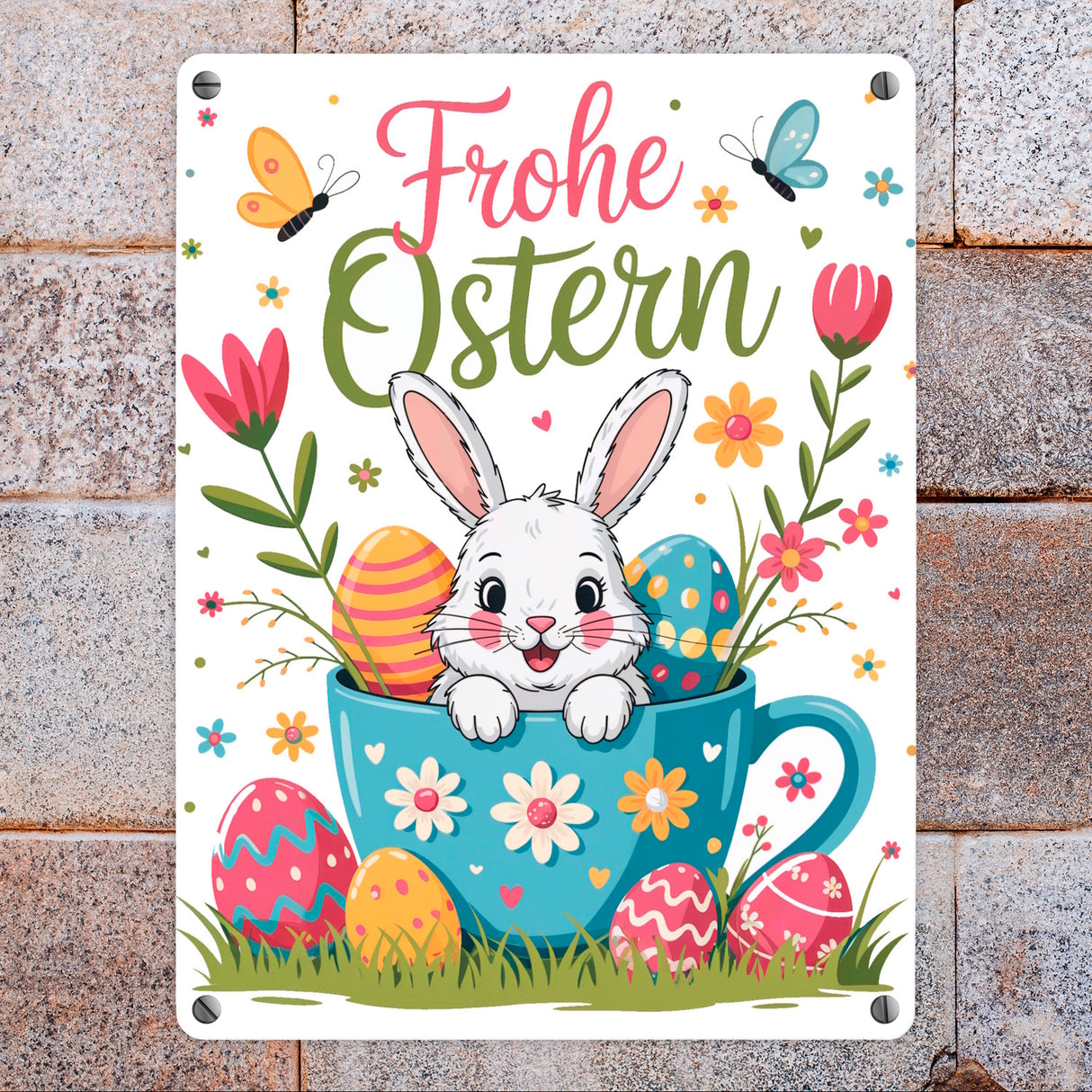 Frohe Ostern Metallschild in 15x20 cm mit Hase