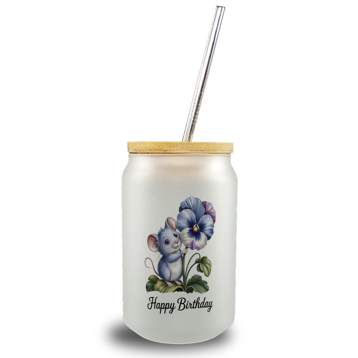 Maus mit Stiefmütterchen Trinkglas mit Bambusdeckel HAPPY BIRTHDAY