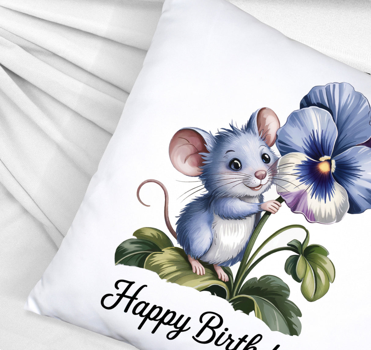 Maus mit Stiefmütterchen Kissen HAPPY BIRTHDAY
