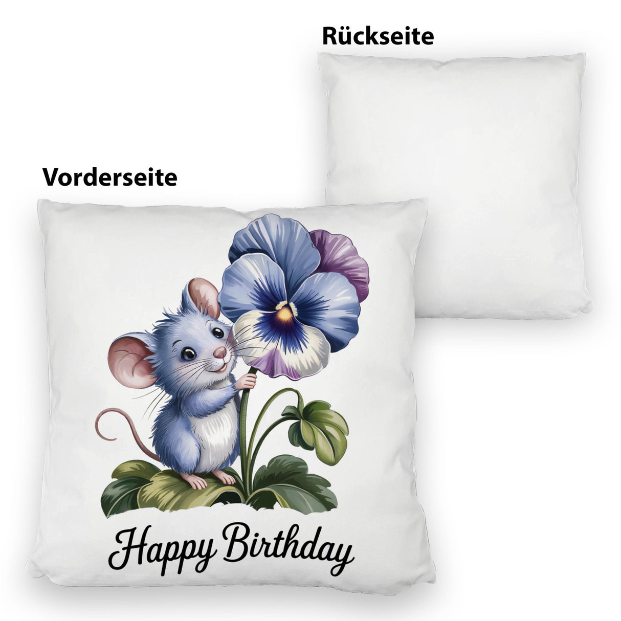 Maus mit Stiefmütterchen Kissen HAPPY BIRTHDAY