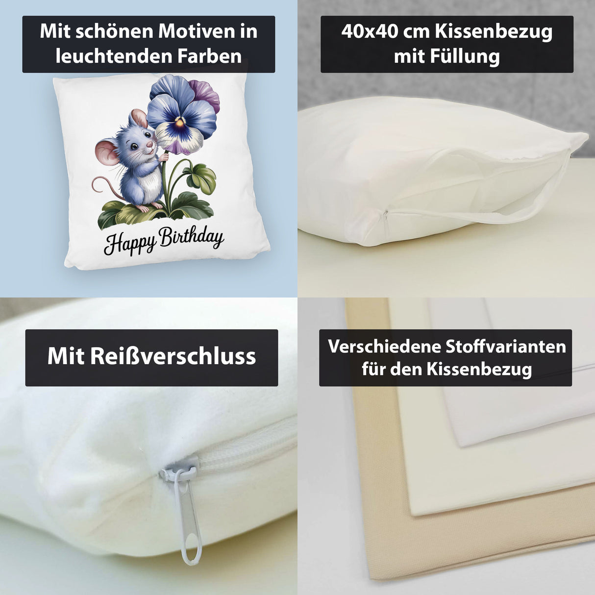 Maus mit Stiefmütterchen Kissen HAPPY BIRTHDAY