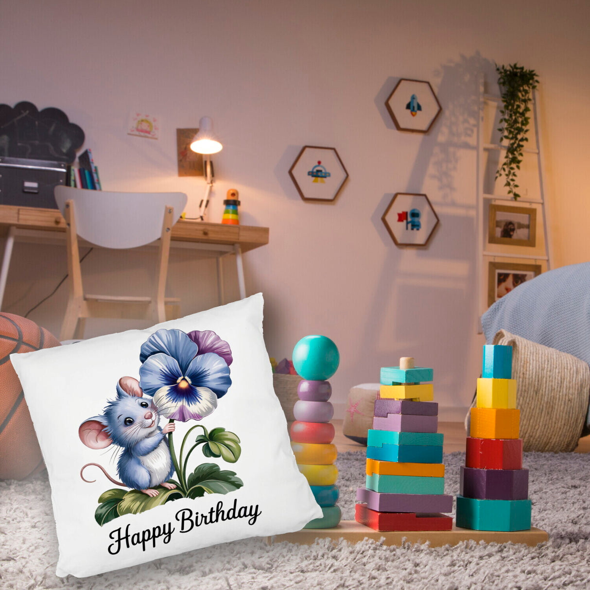 Maus mit Stiefmütterchen Kissen HAPPY BIRTHDAY