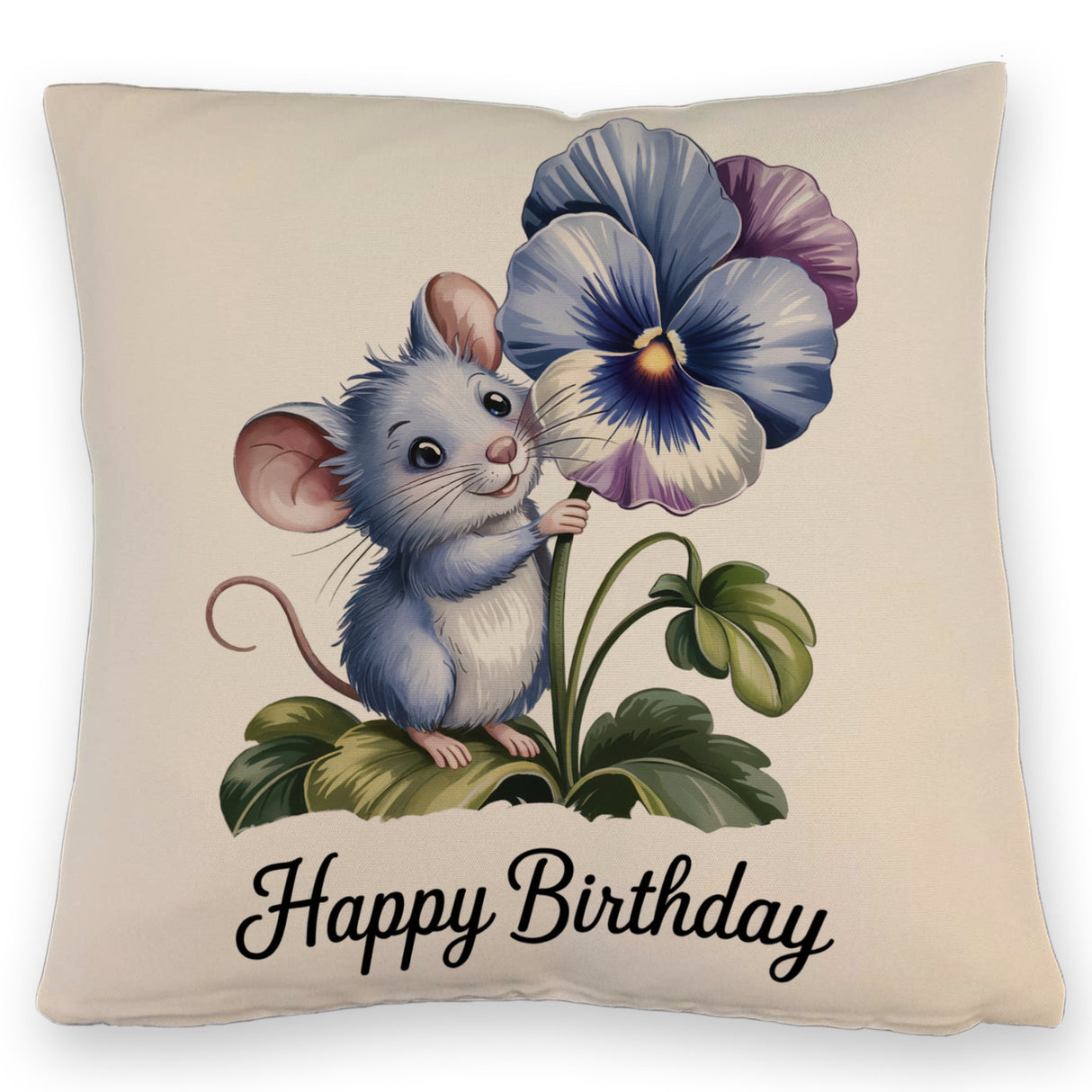 Maus mit Stiefmütterchen Kissen HAPPY BIRTHDAY