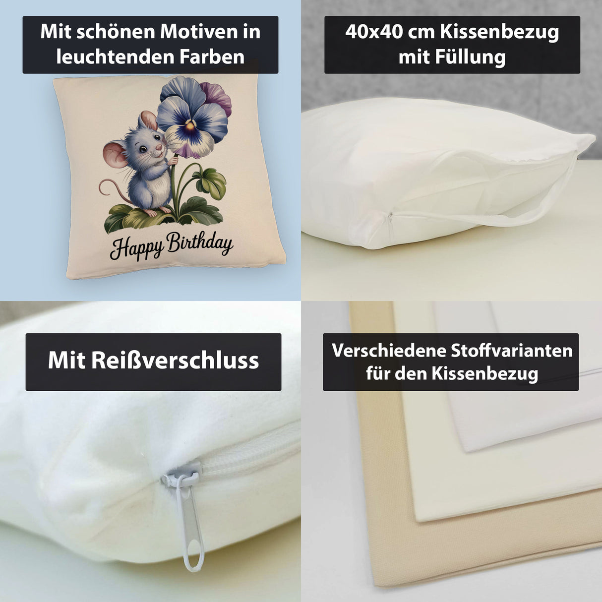 Maus mit Stiefmütterchen Kissen HAPPY BIRTHDAY