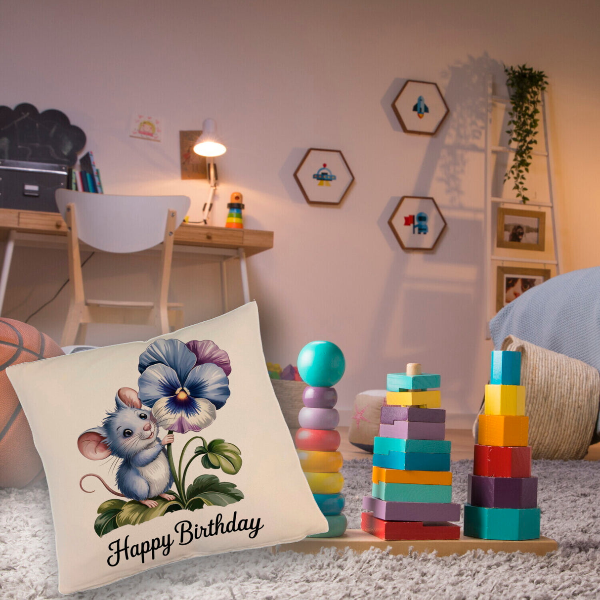 Maus mit Stiefmütterchen Kissen HAPPY BIRTHDAY