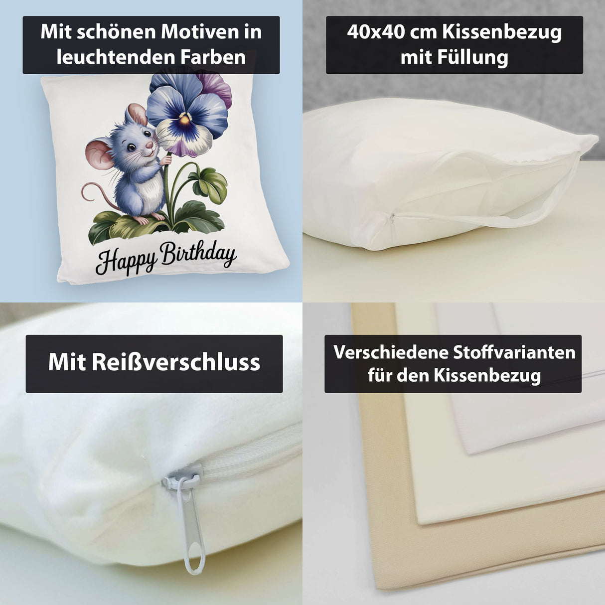 Maus mit Stiefmütterchen Kissen HAPPY BIRTHDAY