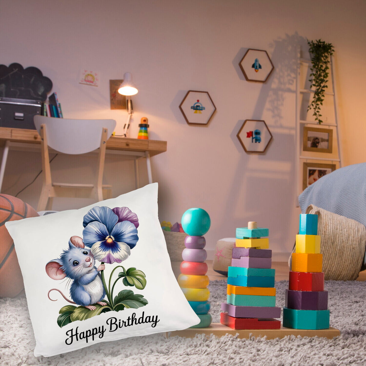 Maus mit Stiefmütterchen Kissen HAPPY BIRTHDAY