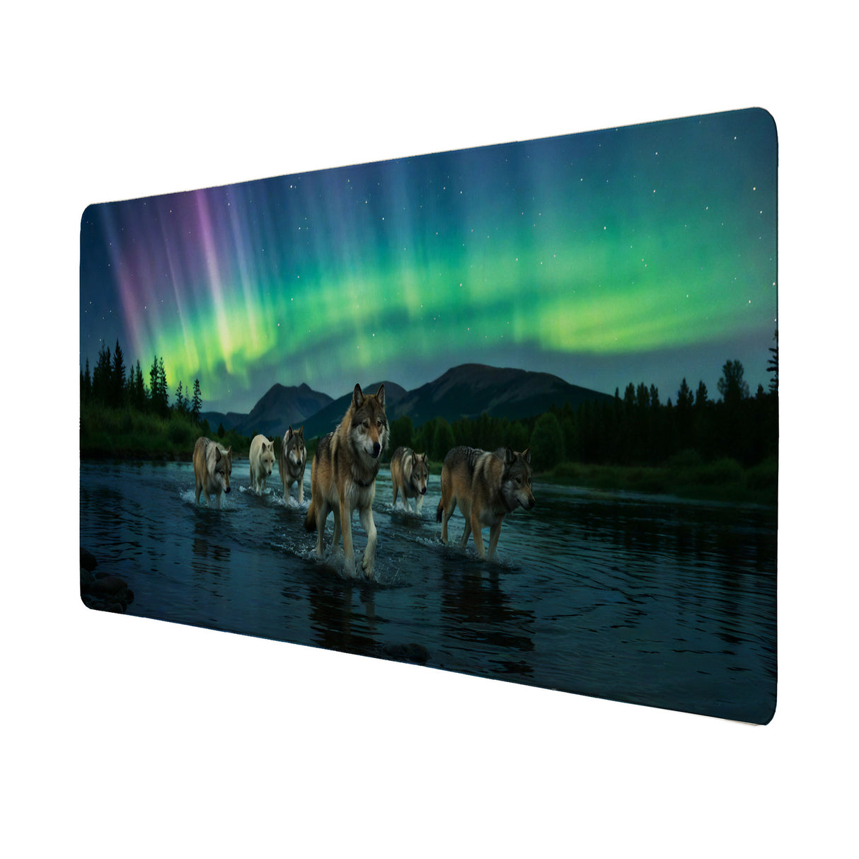 Wölfe im Nordlicht Schreibtischunterlage 69x31cm XXL Mauspad