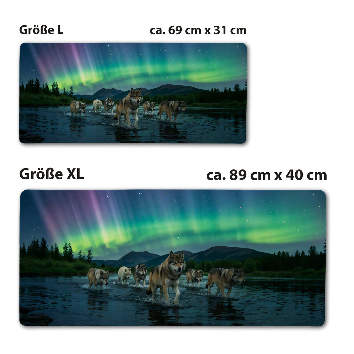 Wölfe im Nordlicht Schreibtischunterlage 69x31cm XXL Mauspad