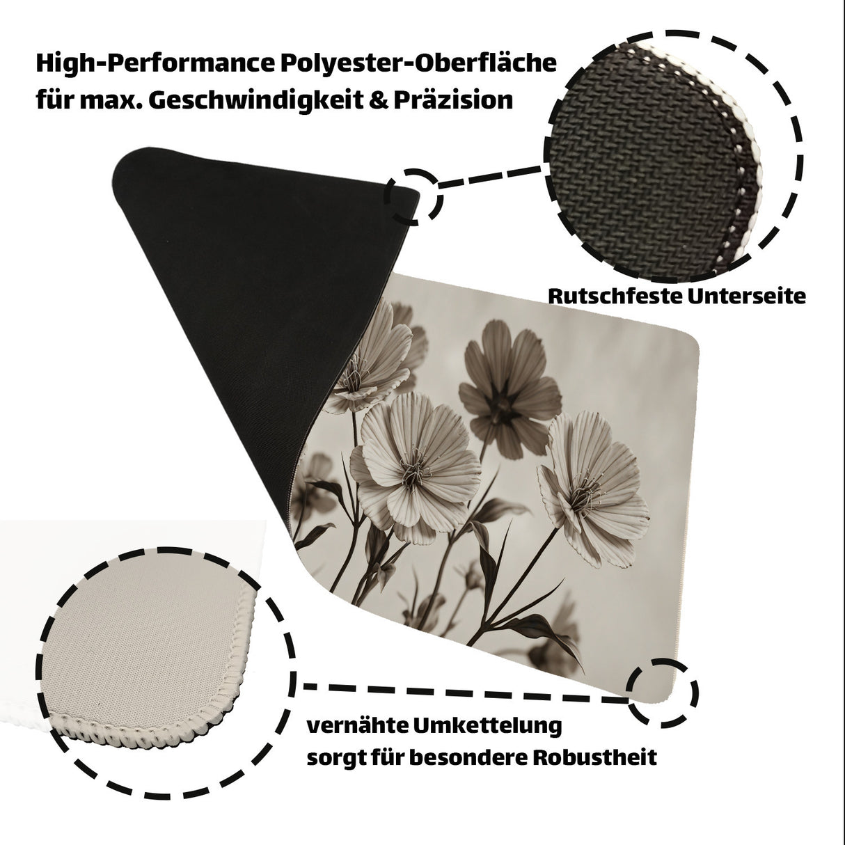 Botanische Blumen Schreibtischunterlage 69x31cm XXL Mauspad Sepia