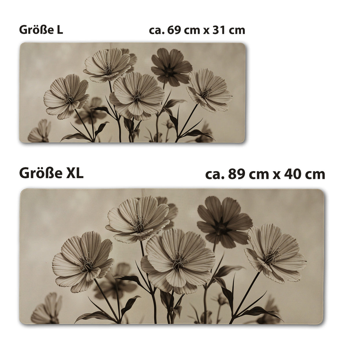 Botanische Blumen Schreibtischunterlage 69x31cm XXL Mauspad Sepia