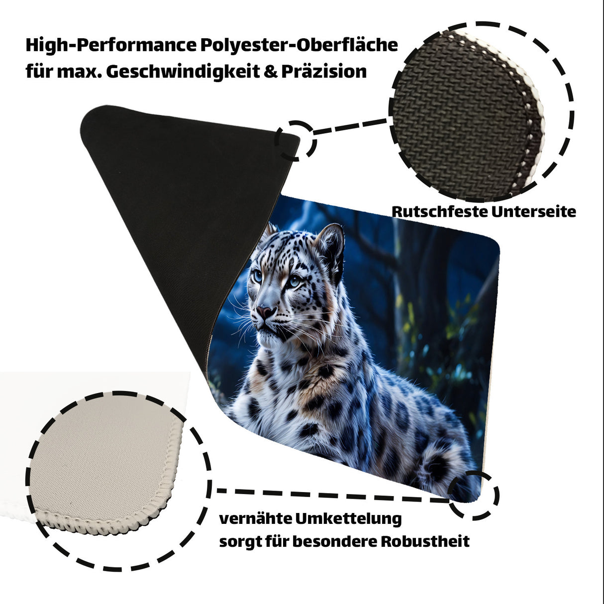 Schneeleopard im Nachtwald Schreibtischunterlage 69x31cm XXL Mauspad