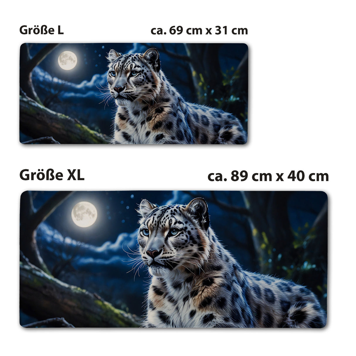 Schneeleopard im Nachtwald Schreibtischunterlage 69x31cm XXL Mauspad