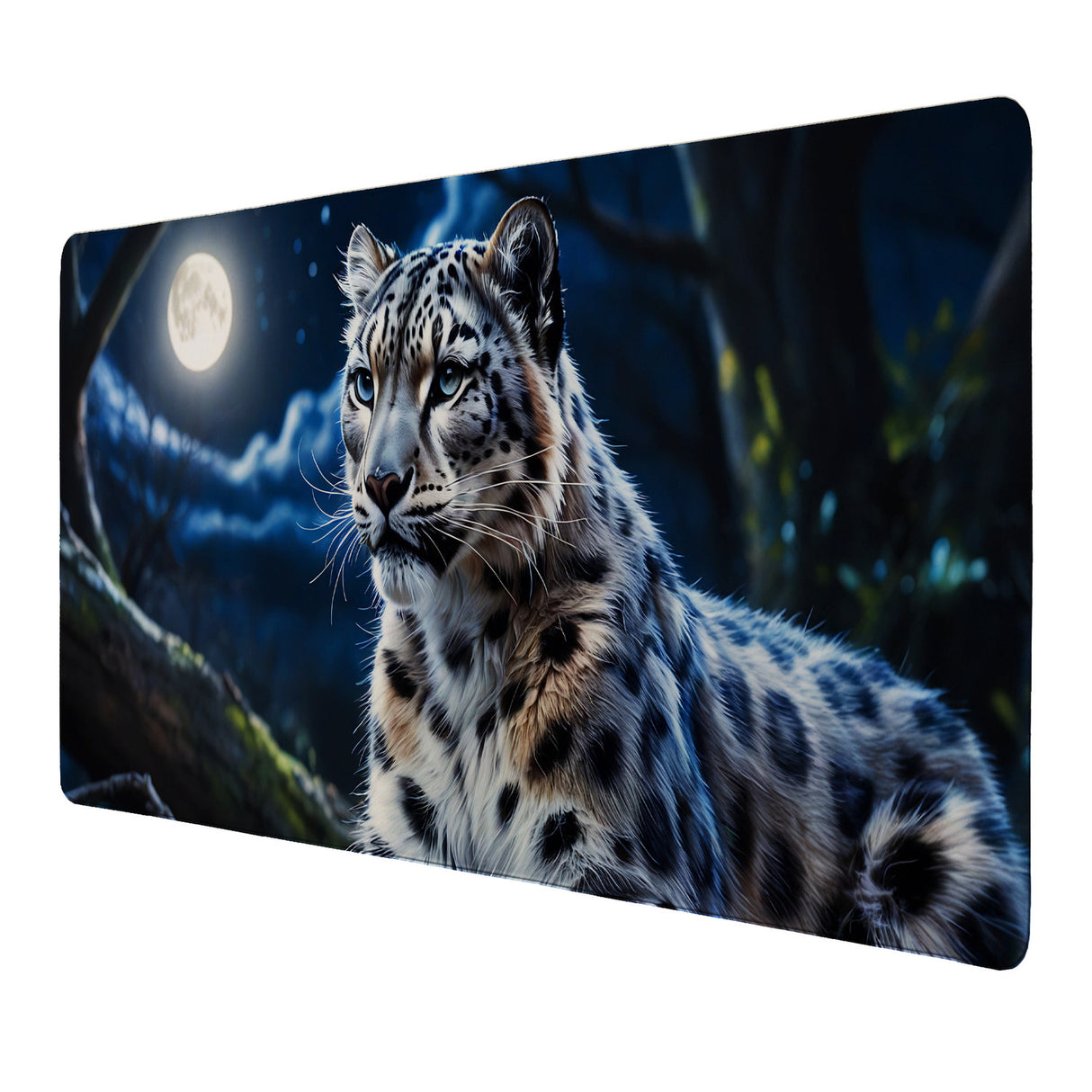 Schneeleopard im Nachtwald Schreibtischunterlage 69x31cm XXL Mauspad