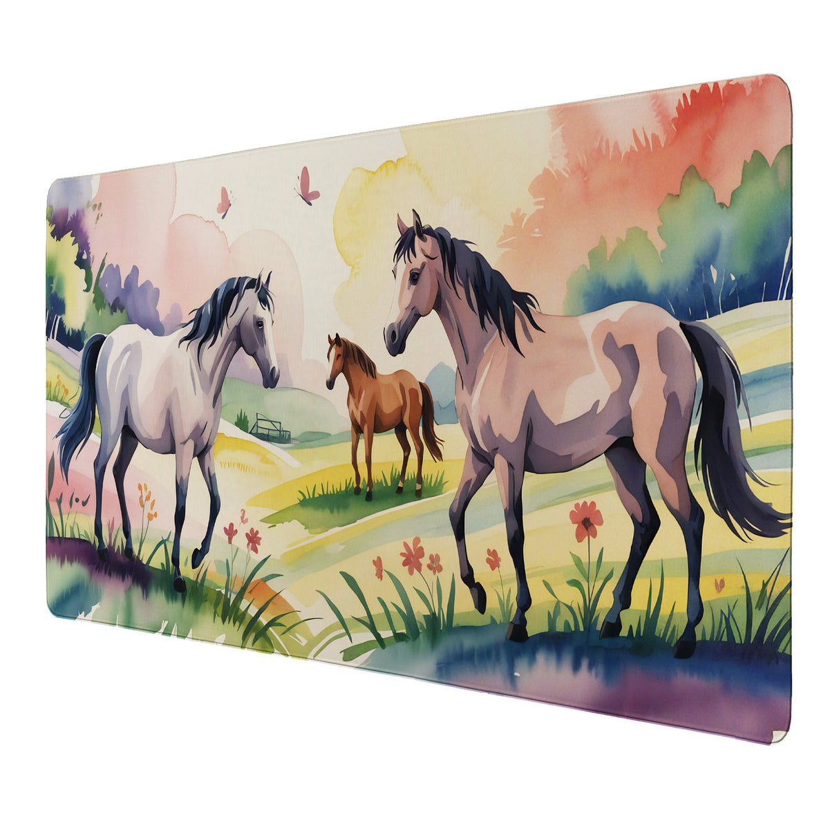 Pferde mit Schmetterlingen Schreibtischunterlage 69x31cm XXL Mauspad für Mädchen