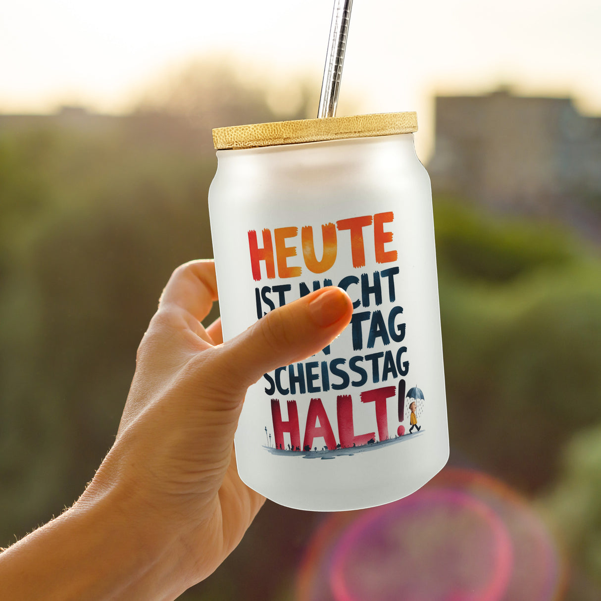 Heute ist nicht mein Tag Trinkglas mit Bambusdeckel Scheisstag