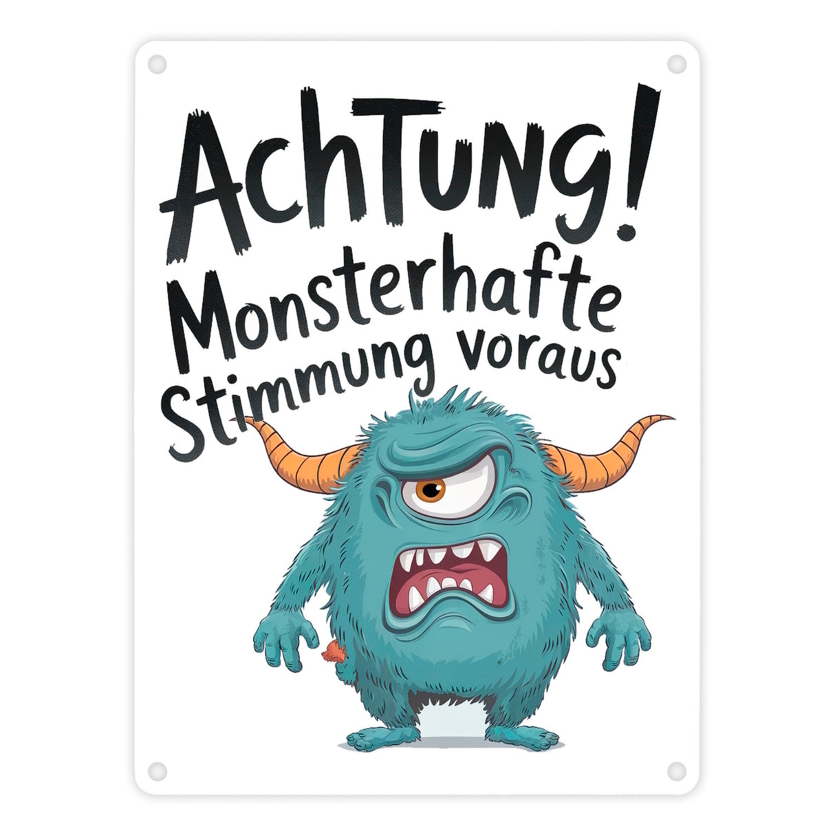 Blaues Cartoon Monster Achtung Monsterstimmung Metallschild in 15x20 cm