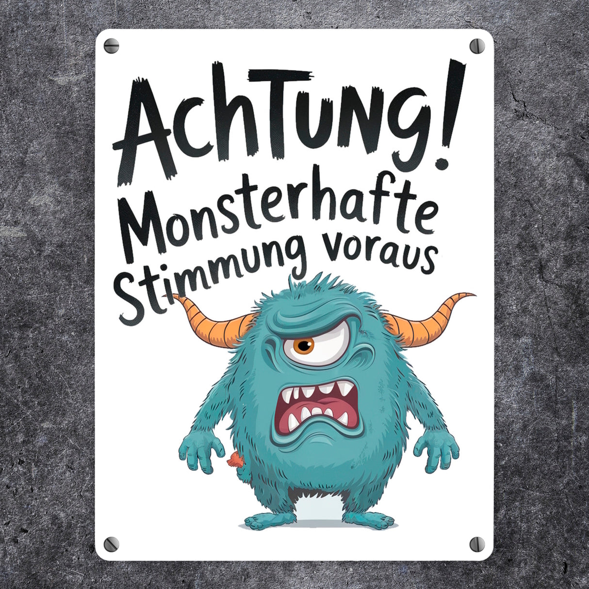 Blaues Cartoon Monster Achtung Monsterstimmung Metallschild in 15x20 cm